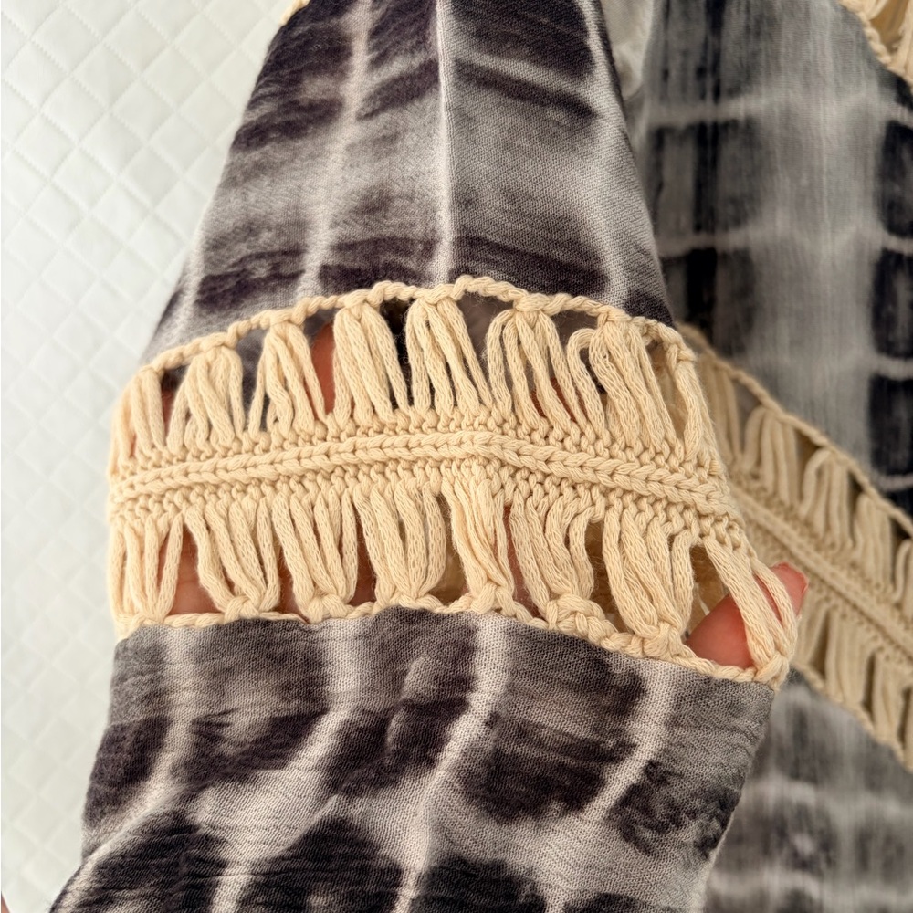 Crochet-Trim Tie-Dye V-Neck Blouse - Cream & Gray - Picture 8 of 9